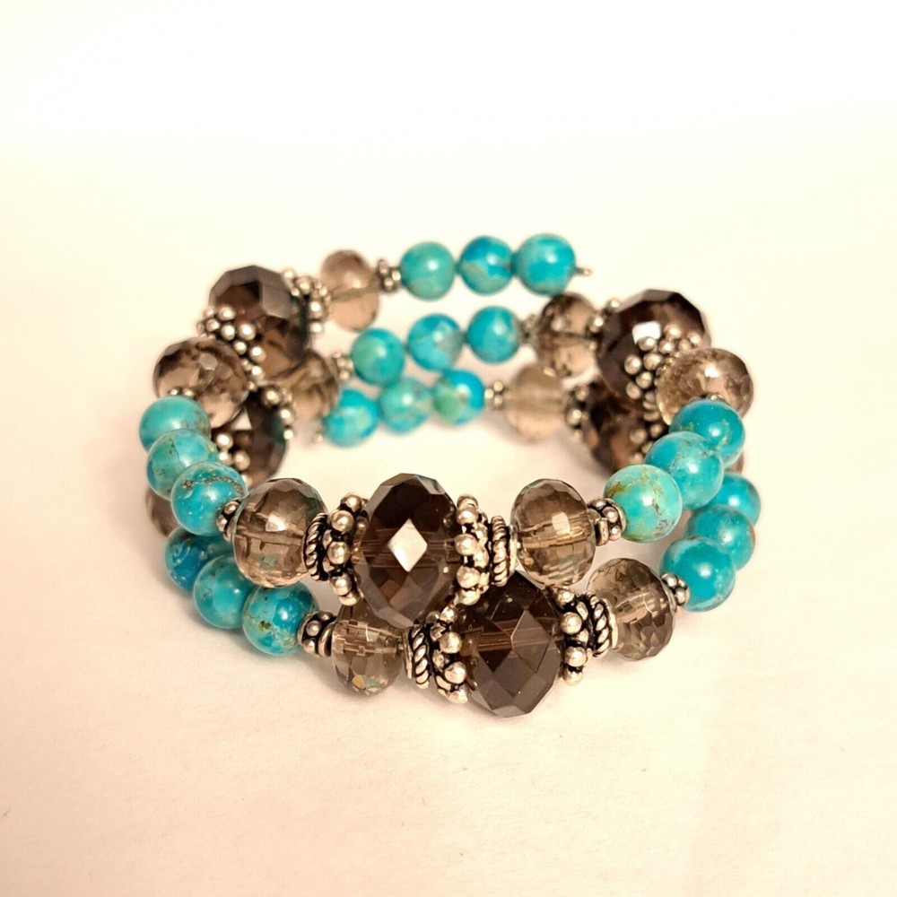 Handmade Sterling Silver Turquoise Smoky Quartz Bracelet Spring Style Gemstones